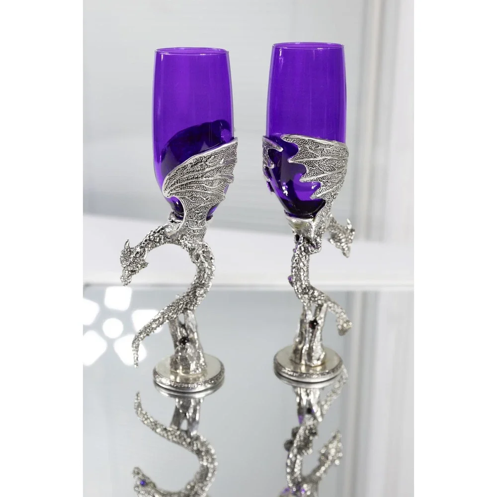Fellowship Foundry Dragon Heart Wing Purple Glass Pewter Wedding Flutes Pair